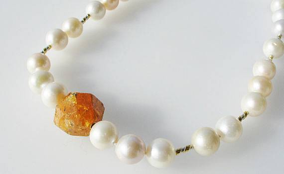 Necklaces and Pendants - Süßwasser-Zuchtperlen, Mandarinkristall, 925- Silber, Feingold