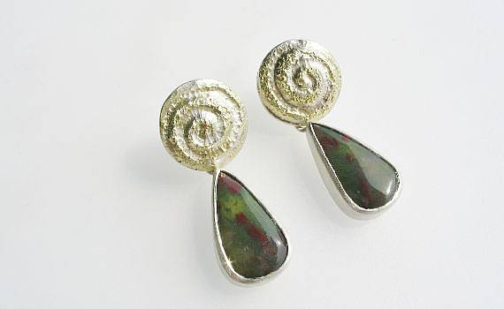 Ear jewellery - Moosachat, 925- Silber, 750- Gelbgold